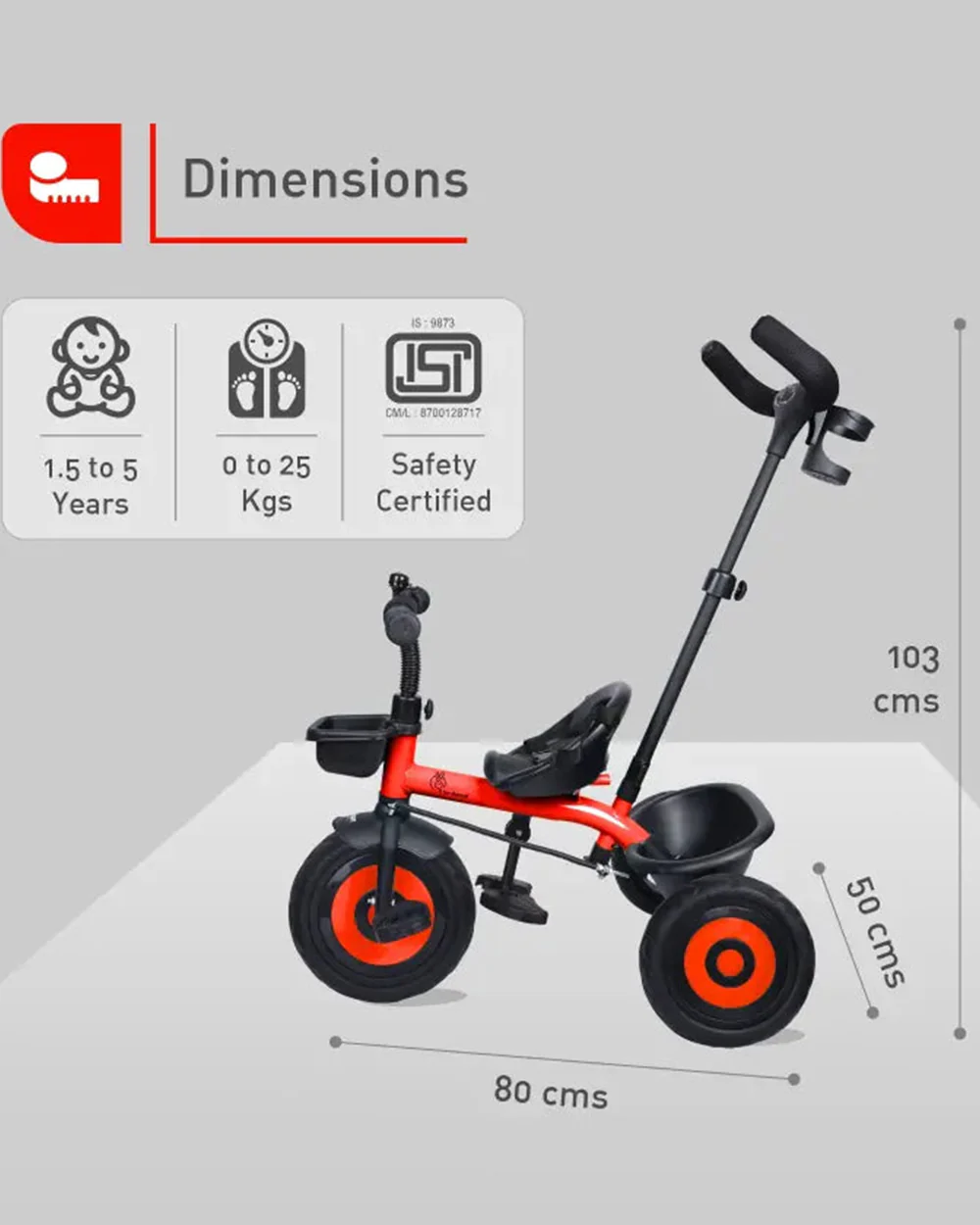 R for Rabbit Tiny Toes T20 Ace Tricycle-With EVA Wheels-Parent Cup Holder-1.5Y to 5Y (Upto 25Kg)-Red - Image 7