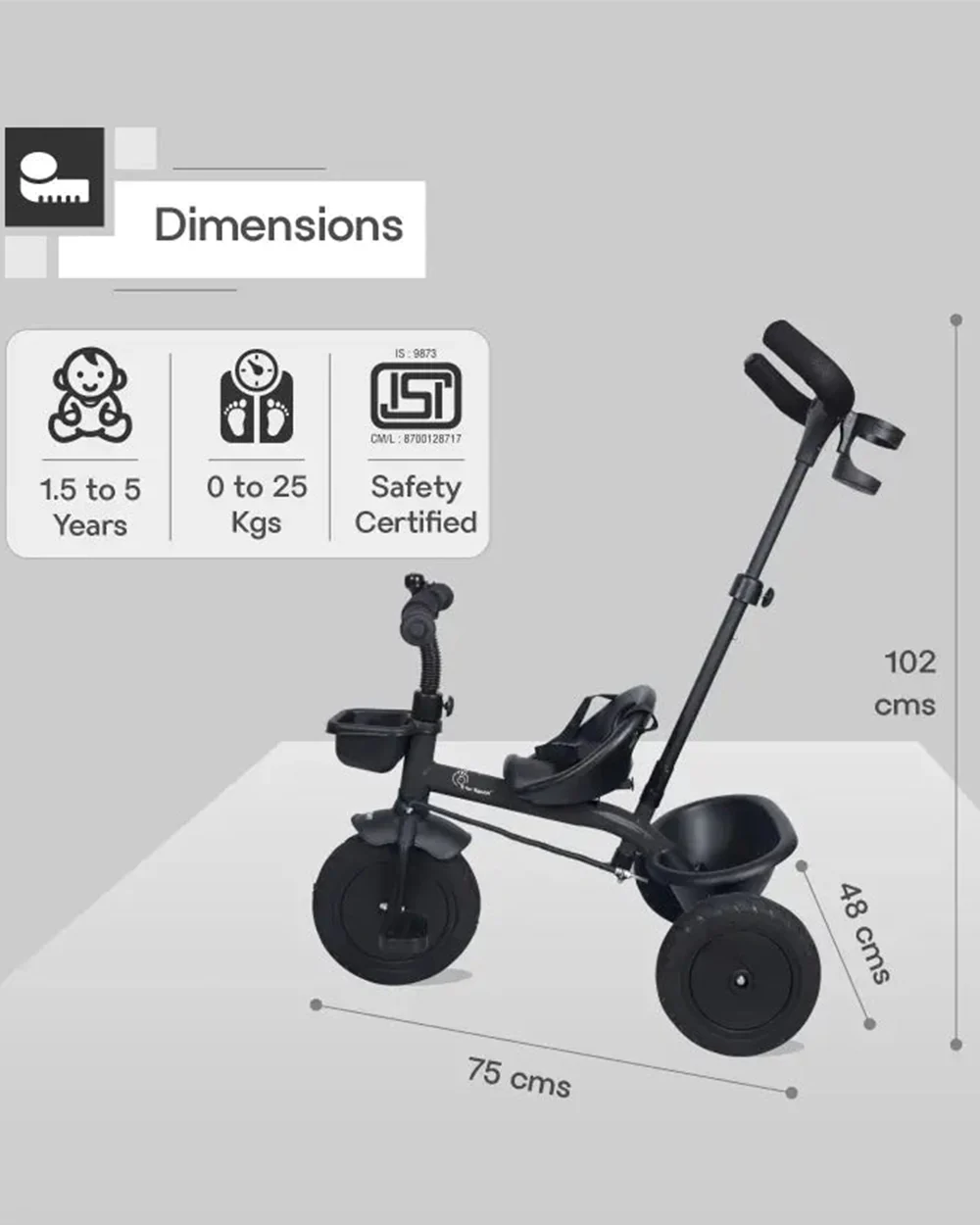 R for Rabbit Tiny Toes T20 Plus Tricycle-With Rubber Wheels-Adjustable Parental Control Handle-1.5Y to 5Y (Upto 25Kg)-Black - Image 6
