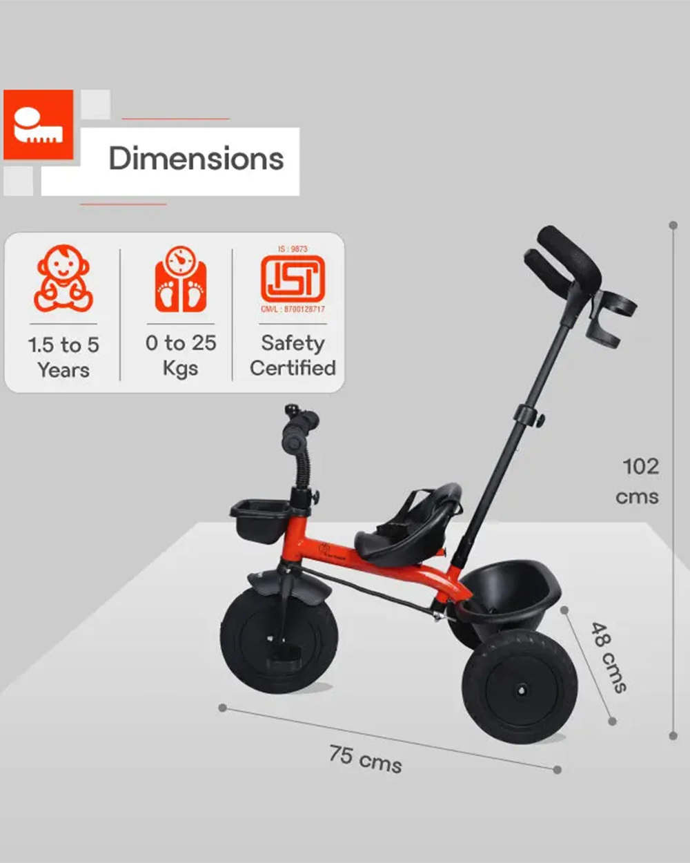 R for Rabbit Tiny Toes T20 Plus Tricycle-With Rubber Wheels-Adjustable Parental Control Handle-1.5Y to 5Y (Upto 25Kg)-Red - Image 6