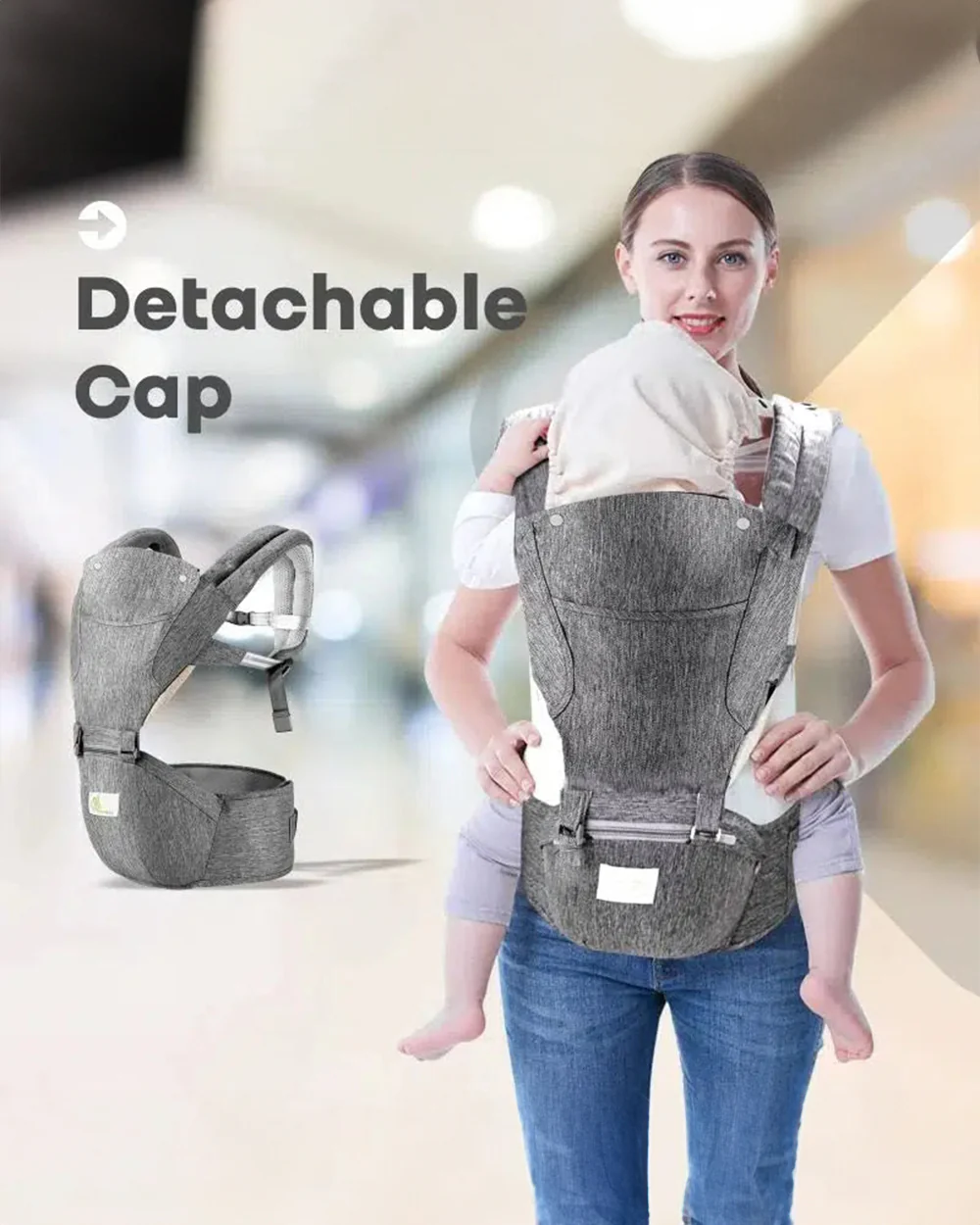 R for Rabbit Upsy Daisy Cool Baby Carrier-Ergonomic Hip Seat Design-With Detachable Cap-Multi Positional-3M to 3Y (Upto 20Kg)-Dark Grey - Image 5