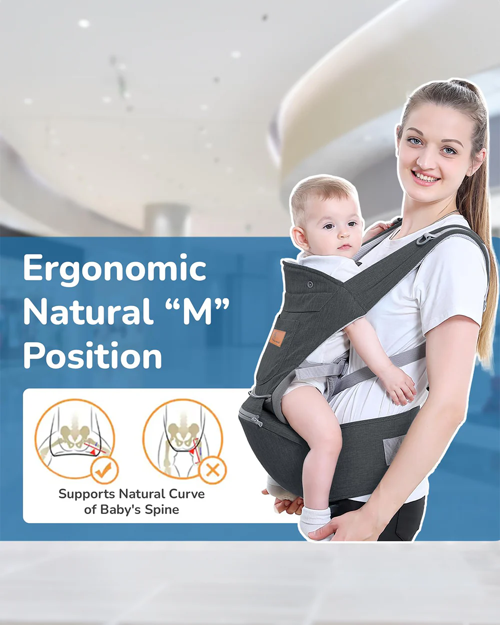 R for Rabbit Upsy Daisy Ergo 8 in 1 Hip Seat Baby Carrier-8 Carry Positions-Soft Cushion Belts-4 to 36M (Upto 15 Kg)-Dark Grey - Image 3