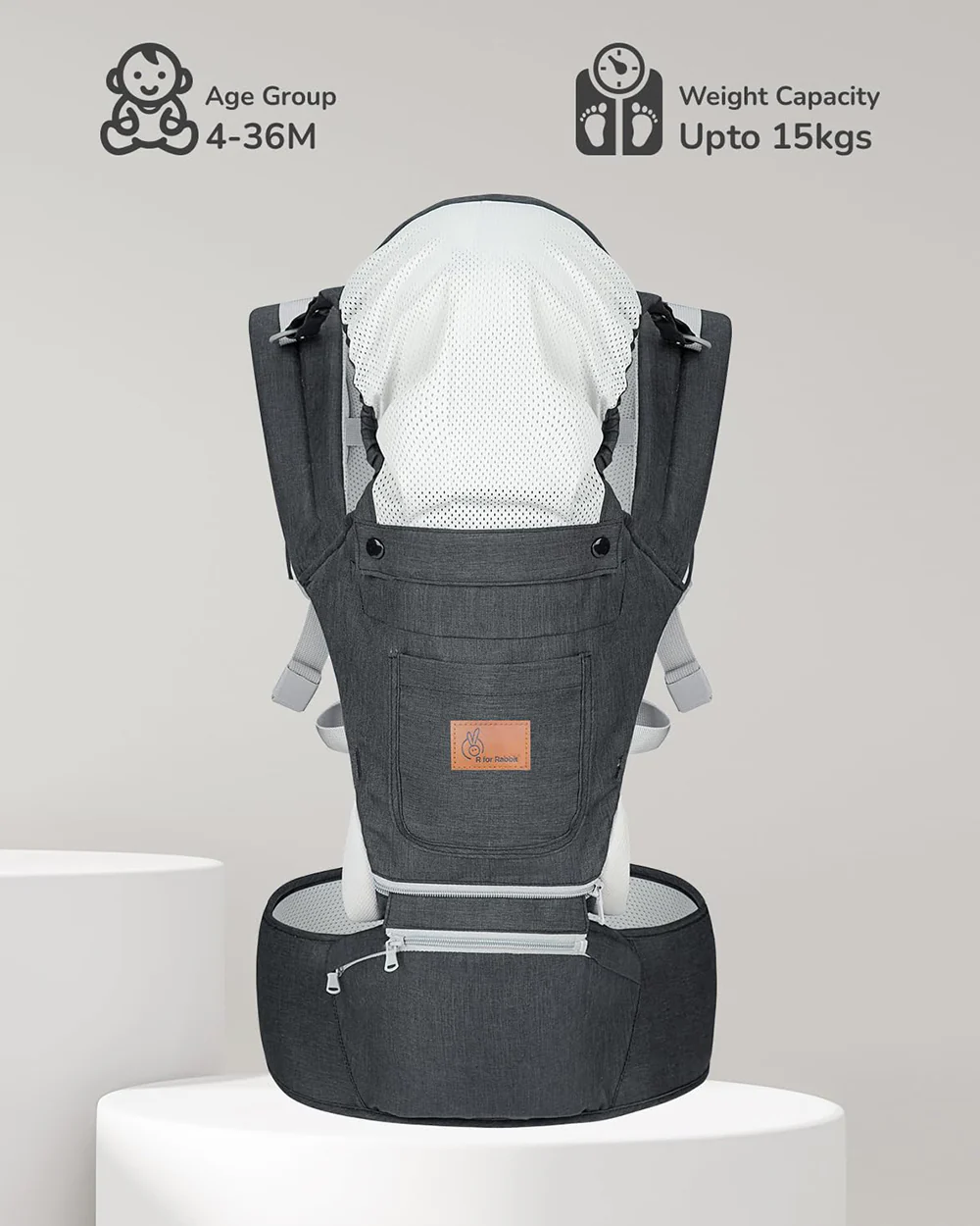 R for Rabbit Upsy Daisy Ergo 8 in 1 Hip Seat Baby Carrier-8 Carry Positions-Soft Cushion Belts-4 to 36M (Upto 15 Kg)-Dark Grey - Image 8