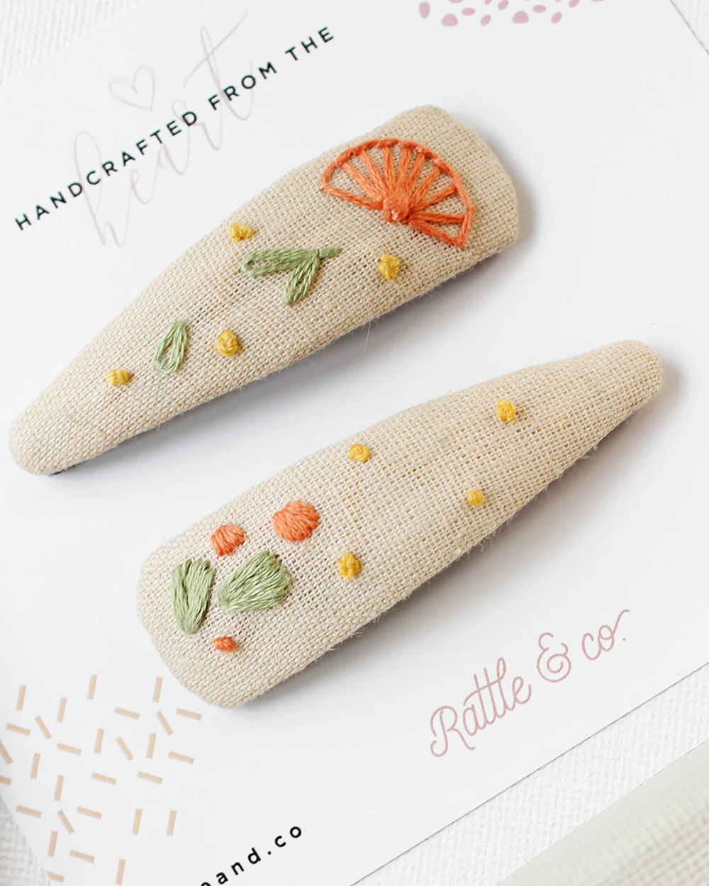 Rattle & Co. White & Beige Hair Clips-Embroidered-Cotton-Pack of 3-For Infants - Image 3