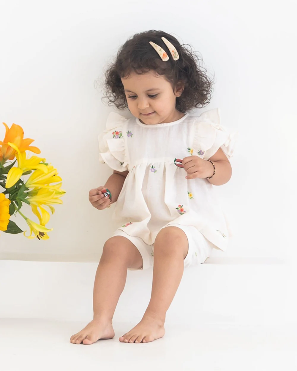 Rattle & Co. White & Beige Hair Clips-Embroidered-Cotton-Pack of 3-For Infants - Image 5