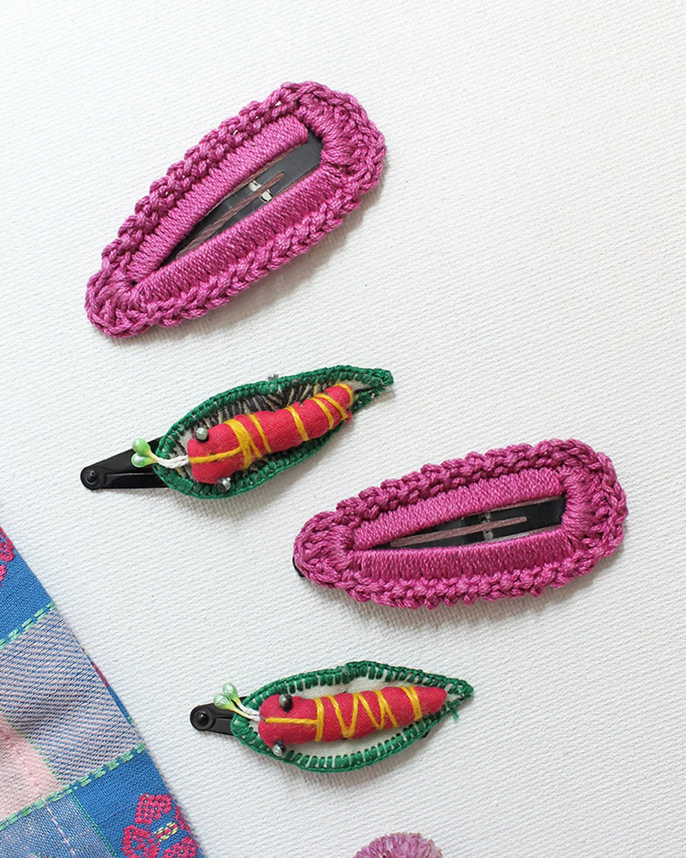 Rattle & Co. Pink & Green Hair Clips-Cotton-Embroidered-Pack of 4-For Infants - Image 2