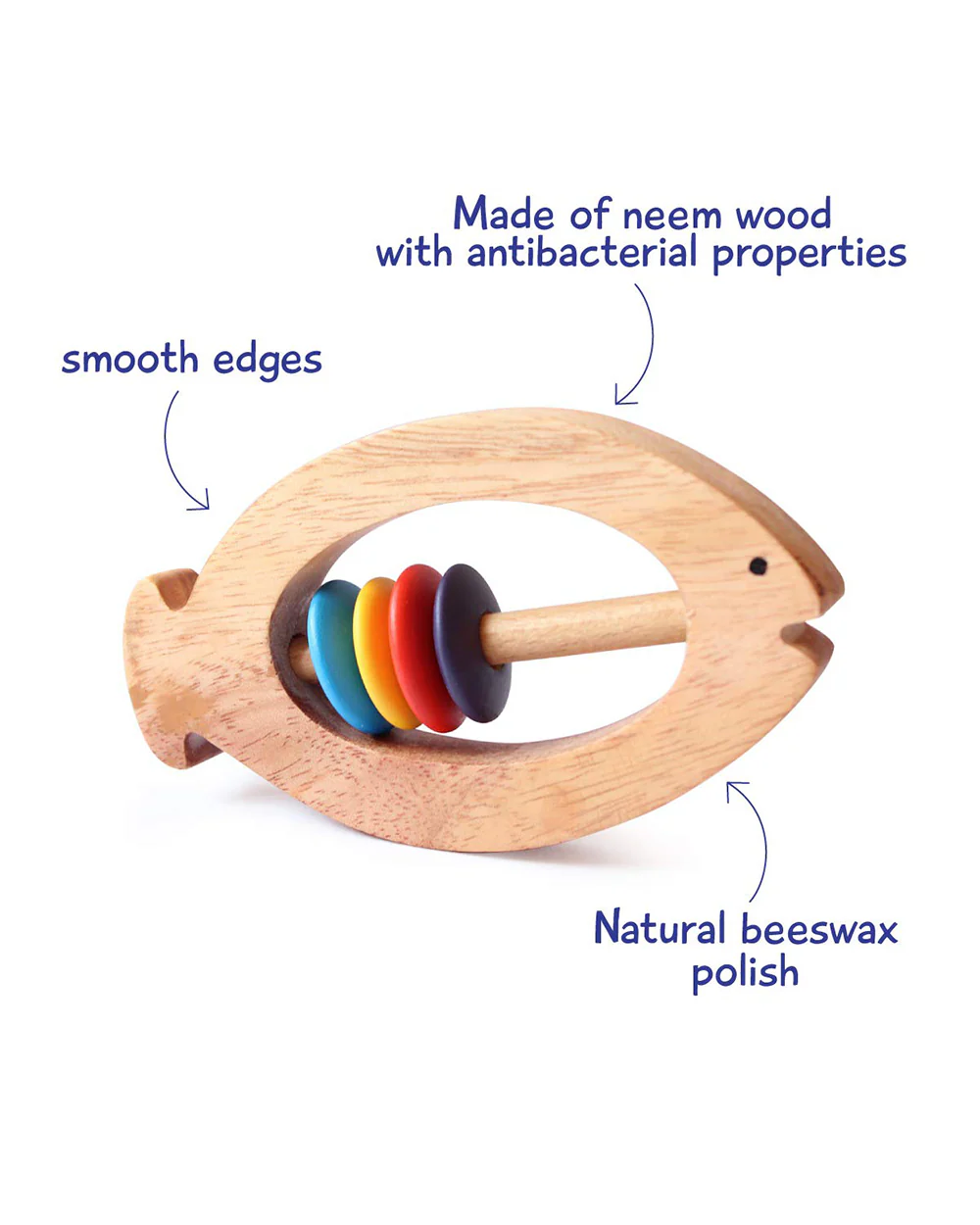 Shumee Fish Shaped Neem Wooden Teether Rattle Toy-Smooth Edges & Non Toxic-For Infants - Image 2