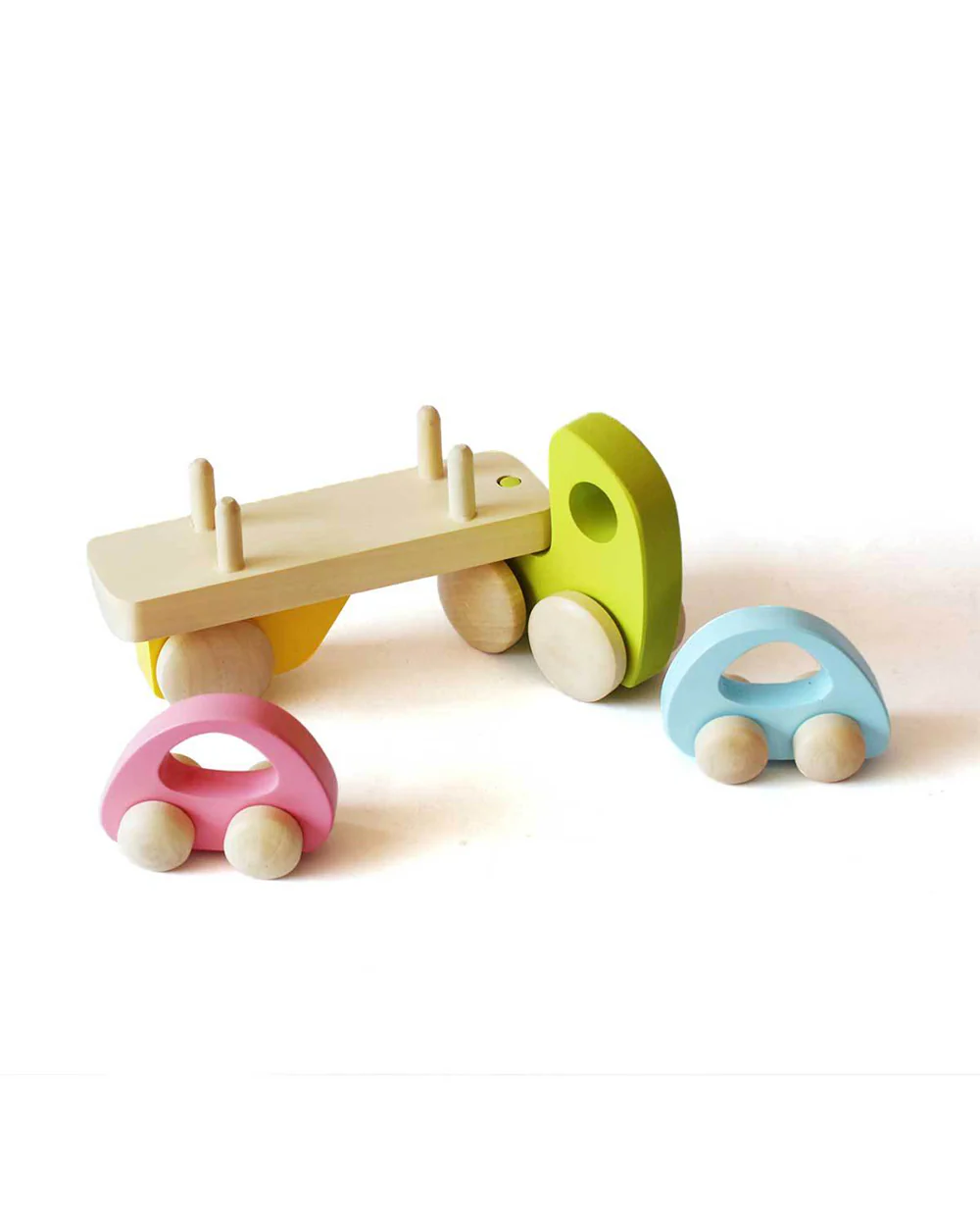 Shumee Transporter Truck Wooden Vehicle Toy-2 Cars and 1 Trailer Truck-9M+ - Image 2