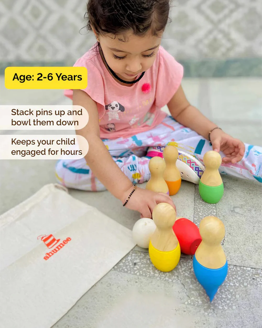 Shumee Wooden Mini Bowling Pins-With 6 Colorful Bowling Pins & 1 Wooden Ball-Indoor Toy-12M+ - Image 12