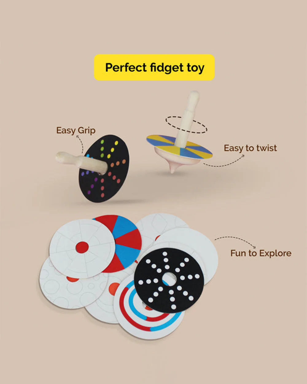 Shumee Wooden Spin Tops-Indoor Toy-12 Patterned Discs-Develops Motor Skills-36M+ - Image 4
