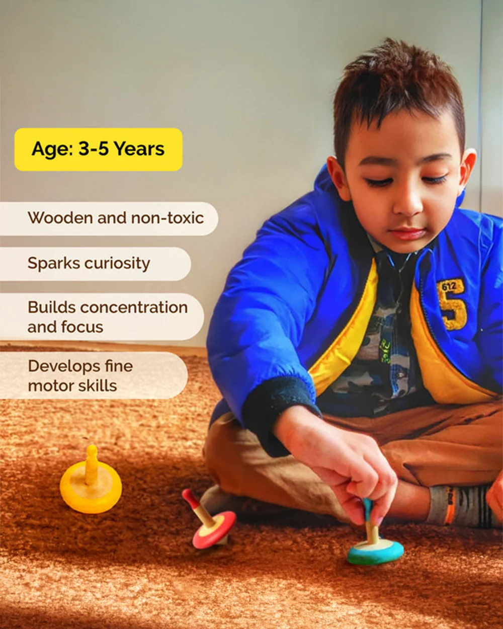 Shumee Wooden Spin Tops-Indoor Toy-Set Of 3-Wooden & Non Toxic-36M+ - Image 2