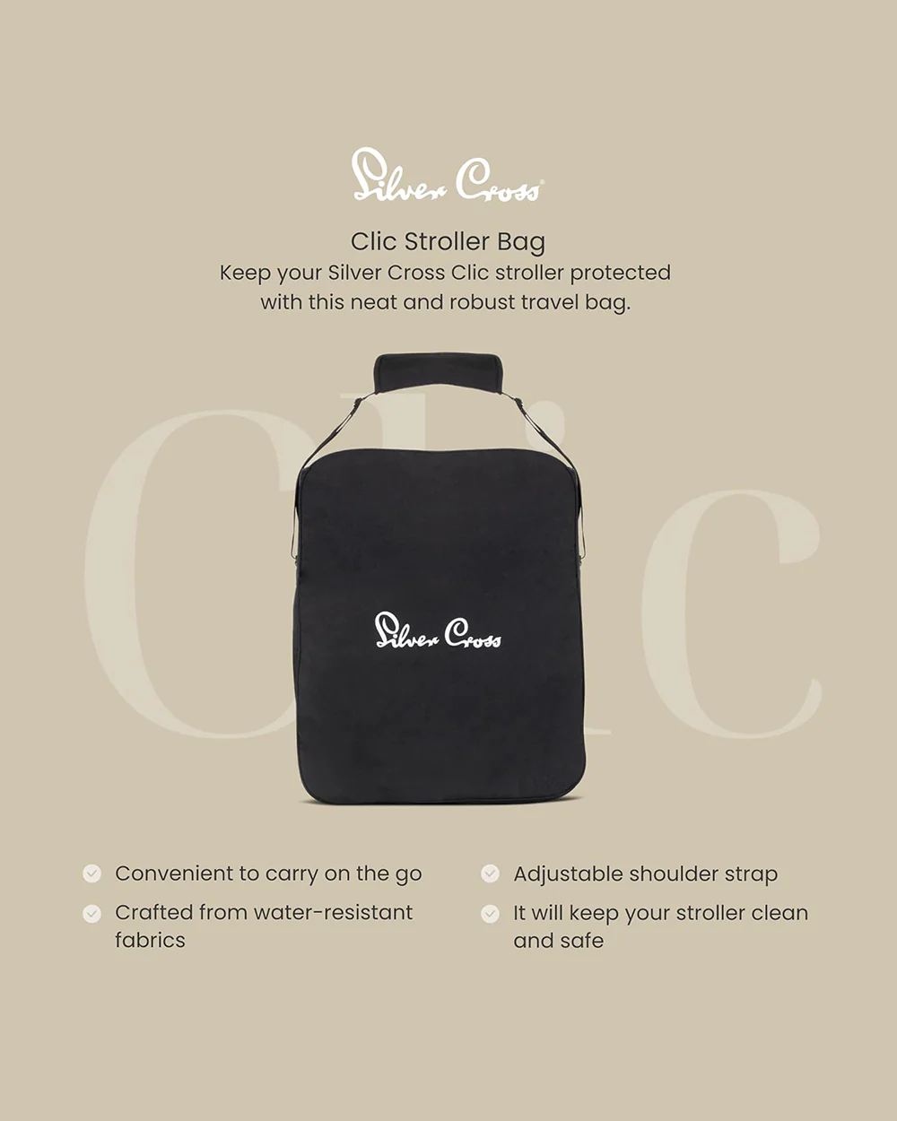 Silver Cross Clic Stroller Bag-PVC Base for Extra Protection-Adjustable Carry Strap-Black - Image 3