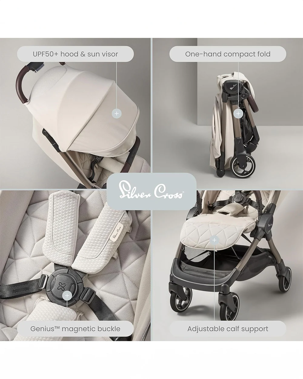 Silver Cross Clic Cabin Friendly Stroller-One Hand Fold-Flat Reclining Seat-Includes Rain Cover-2 Years Warranty-Pram for 0 to 4Y (Upto 22 Kg)-Almond - Image 8