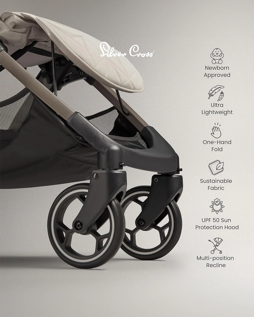 Silver Cross Clic Cabin Friendly Stroller-One Hand Fold-Flat Reclining Seat-Includes Rain Cover-2 Years Warranty-Pram for 0 to 4Y (Upto 22 Kg)-Almond - Image 10
