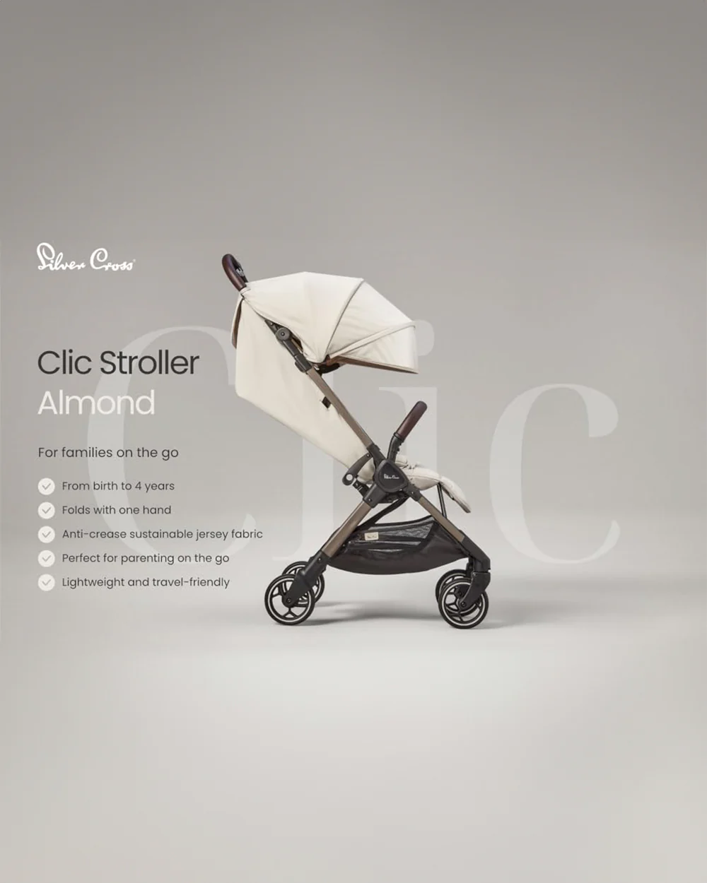 Silver Cross Clic Cabin Friendly Stroller-One Hand Fold-Flat Reclining Seat-Includes Rain Cover-2 Years Warranty-Pram for 0 to 4Y (Upto 22 Kg)-Almond - Image 12