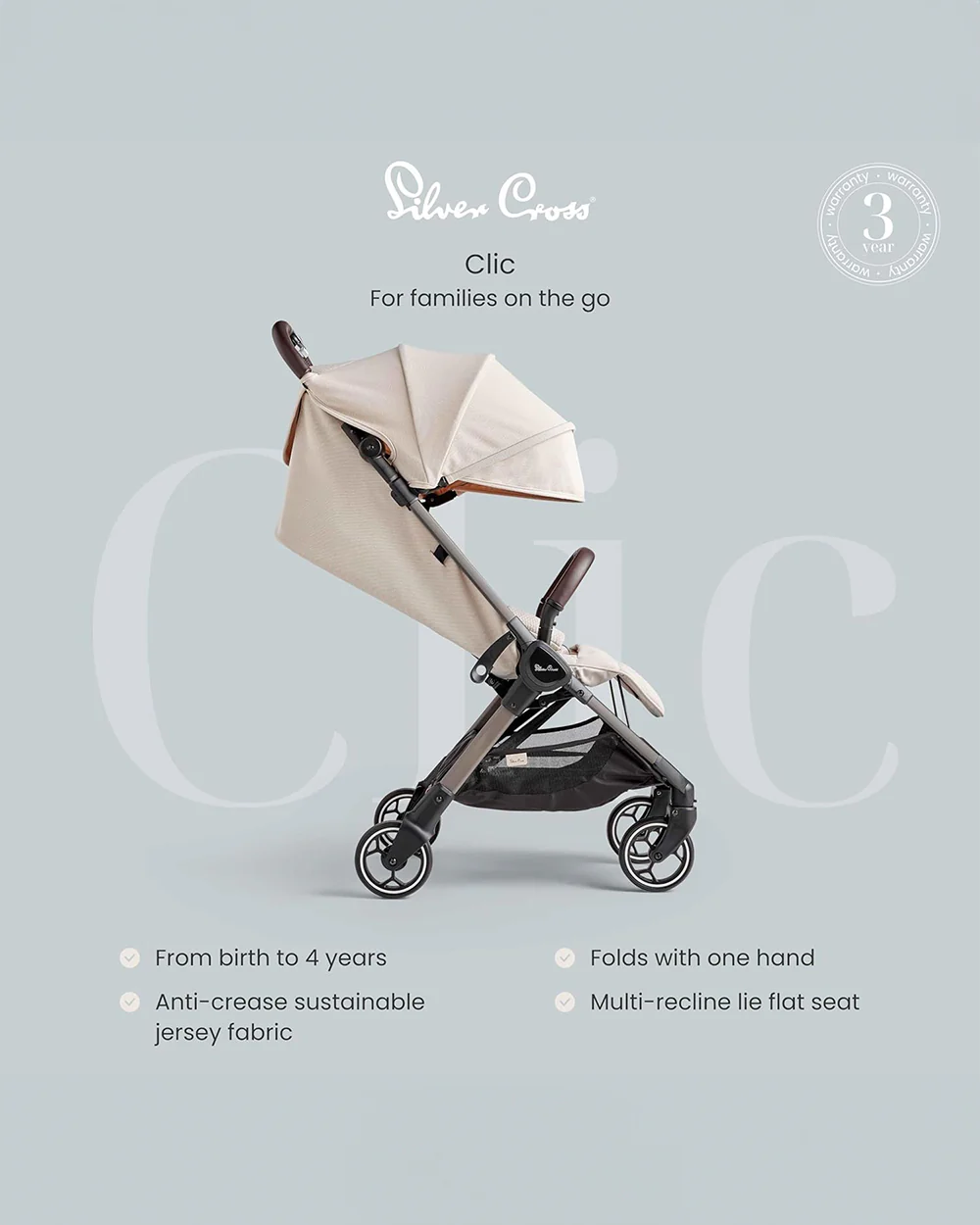 Silver Cross Clic Cabin Friendly Stroller-One Hand Fold-Flat Reclining Seat-Includes Rain Cover-2 Years Warranty-Pram for 0 to 4Y (Upto 22 Kg)-Almond - Image 7