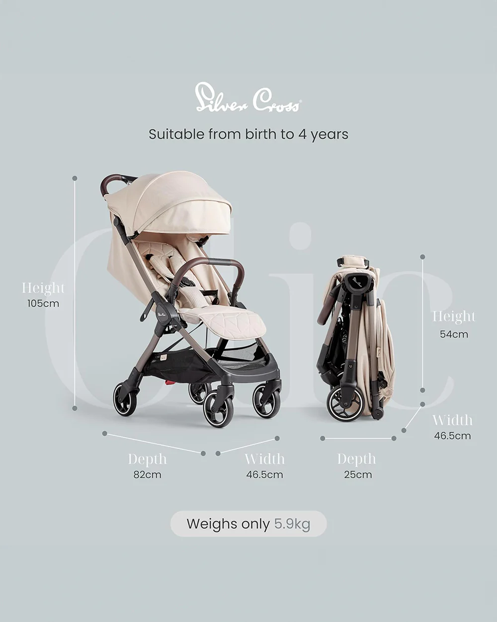 Silver Cross Clic Cabin Friendly Stroller-One Hand Fold-Flat Reclining Seat-Includes Rain Cover-2 Years Warranty-Pram for 0 to 4Y (Upto 22 Kg)-Almond - Image 9