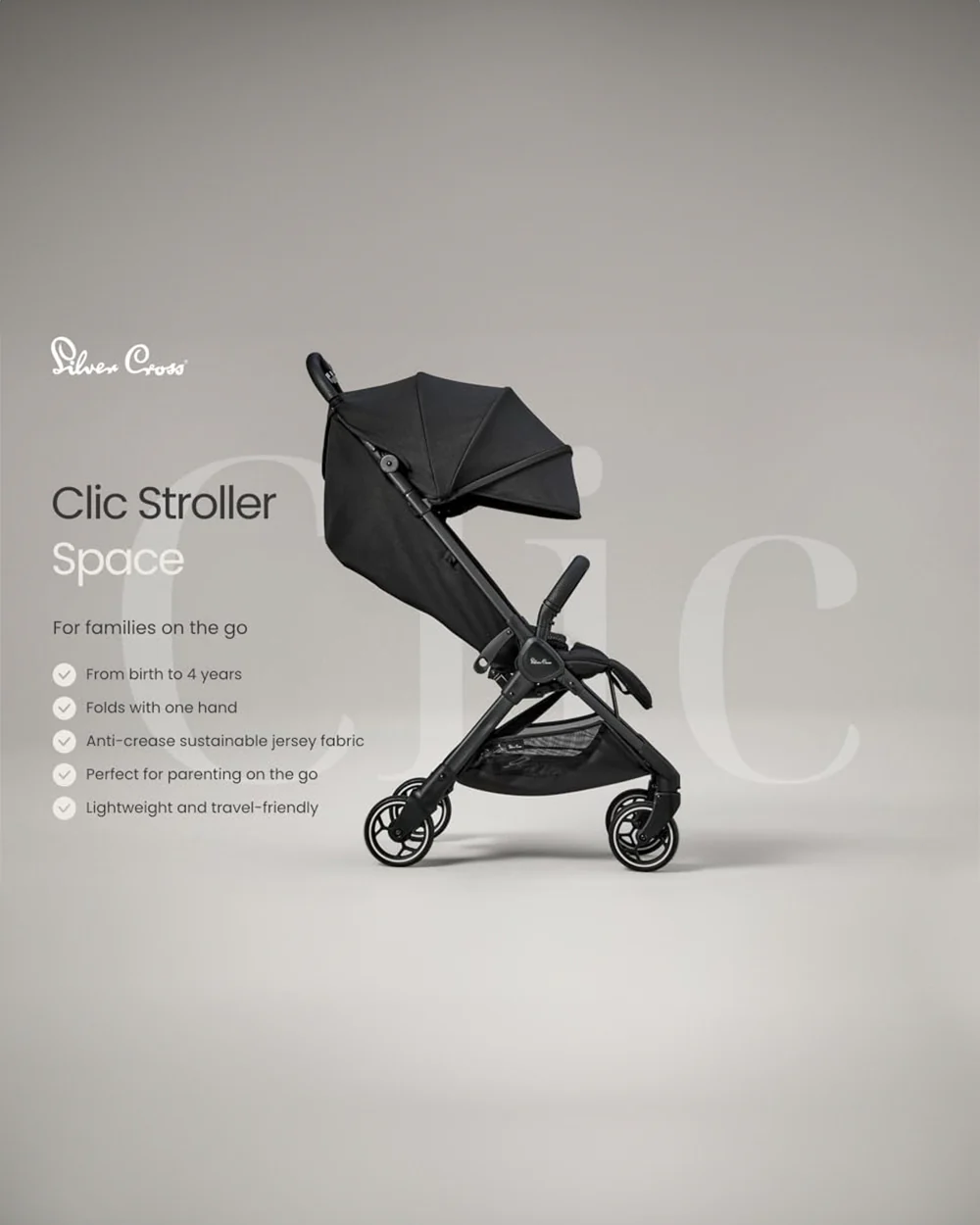 Silver Cross Clic Cabin Friendly Stroller-One Hand Fold-Flat Reclining Seat-Includes Rain Cover-2 Years Warranty-Pram for 0 to 4Y (Upto 22 Kg)-Space - Image 11