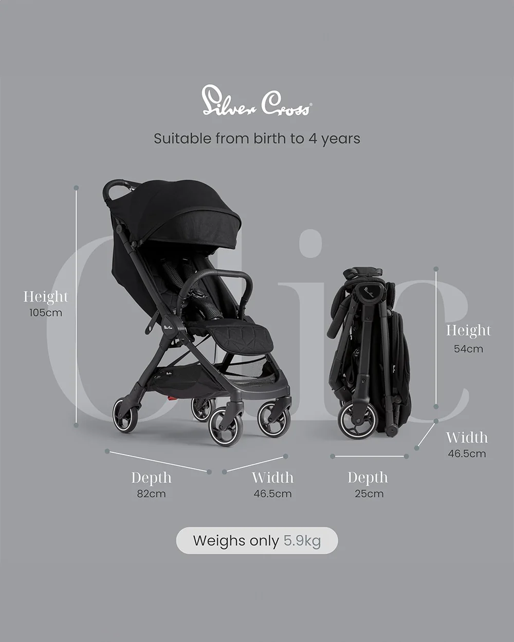Silver Cross Clic Cabin Friendly Stroller-One Hand Fold-Flat Reclining Seat-Includes Rain Cover-2 Years Warranty-Pram for 0 to 4Y (Upto 22 Kg)-Space - Image 8