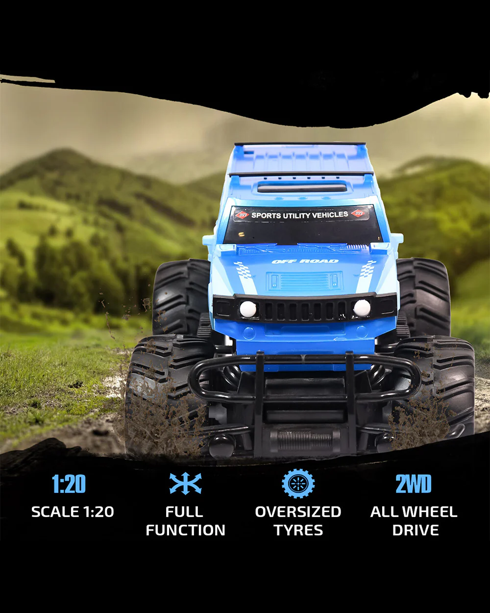 Sirius Modified Hummer Remote Control Car with Rechargeable Battery-LED Lights, Sturdy Off-Road Monster Truck-Vehicle Toy-Blue - Image 2