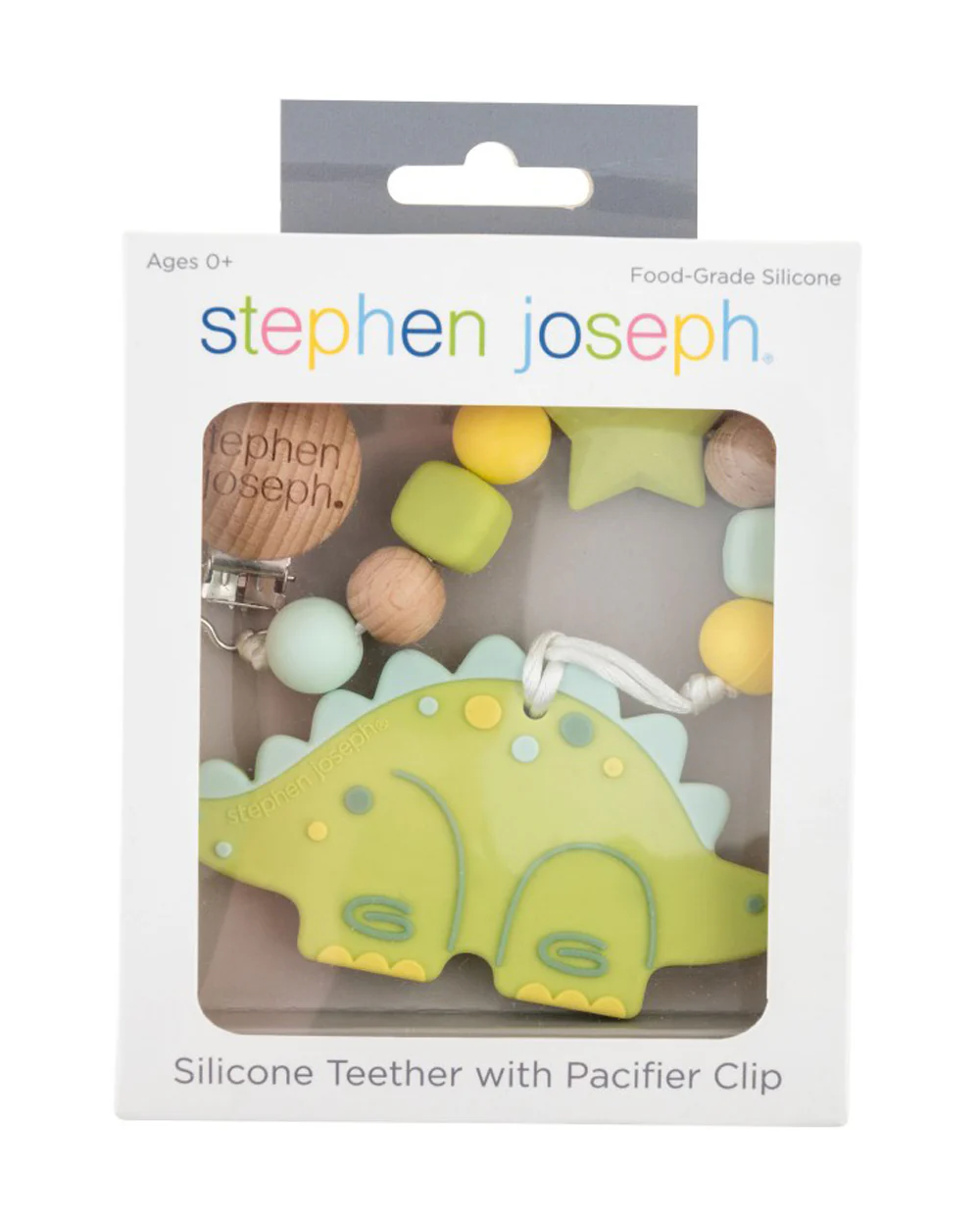 Stephen Joseph Silicone Teether with Pacifier Clip-Easy Grip-Smooth Edges-Dino - Image 2