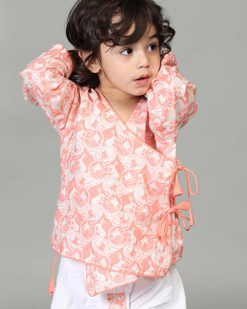Story Tailor Peach Pink Angrakha Kurta Set with Dhoti-Printed-Cotton-V Neck-For Infants - Image 3