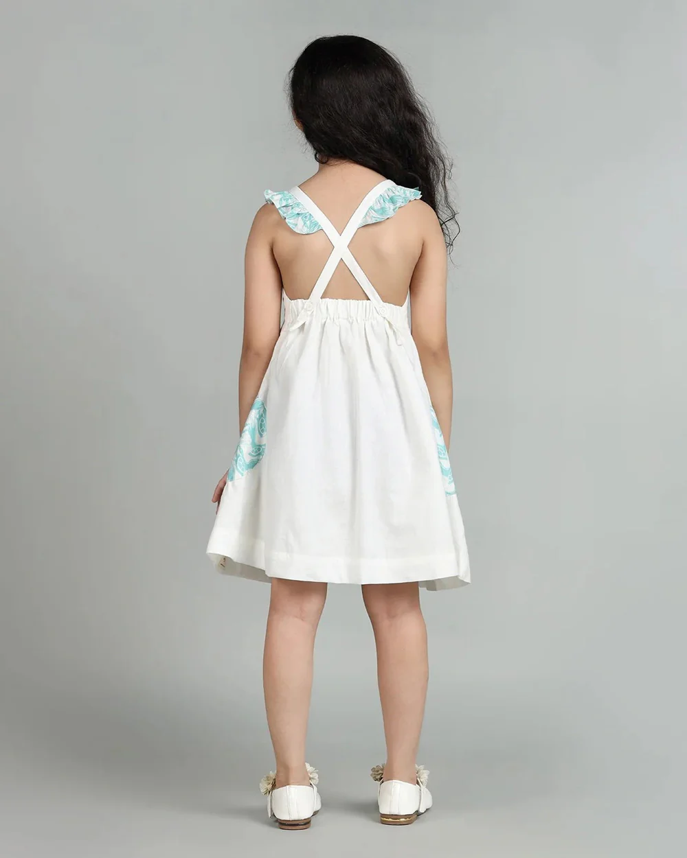Story Tailor White & Blue Frock Dress-The Talkative Turtle-Fit & Flare-Cotton-For Infants - Image 3
