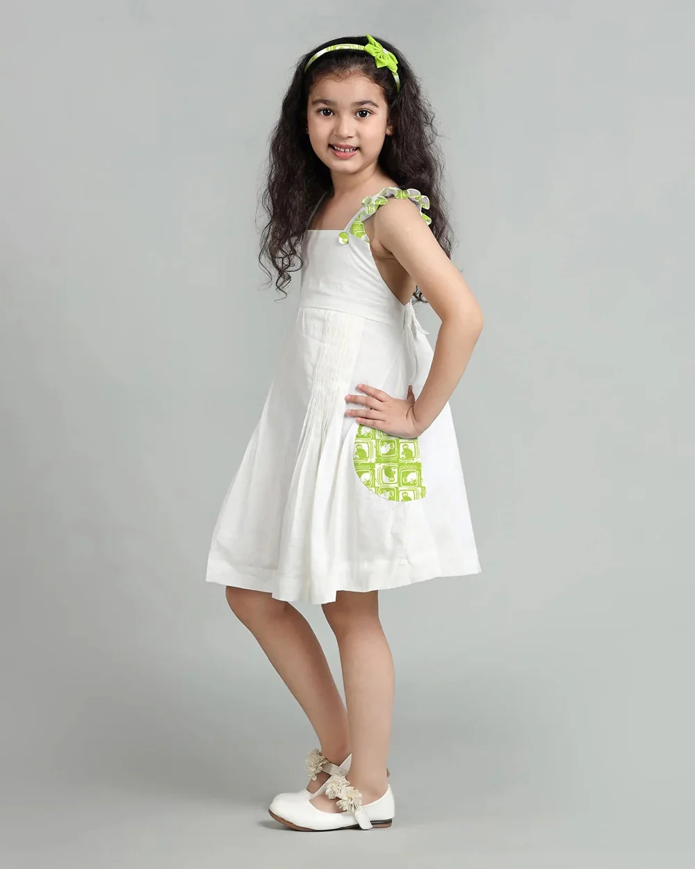 Story Tailor White & Green Frock Dress-Monkey and The Crocodile-Fit & Flare-Cotton-For Infants - Image 4