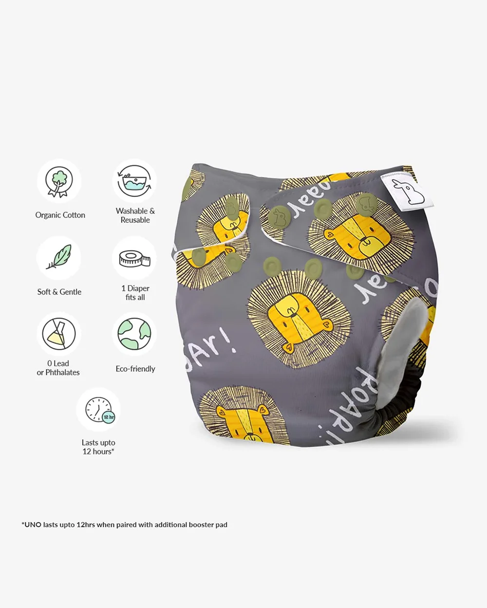 SuperBottoms I'm Roar-some Freesize UNO-12 Hours Absorbency Cloth Diaper-Padded Underwear-100% Organic Cotton-Washable & Reusable-3 to 36M - Image 3