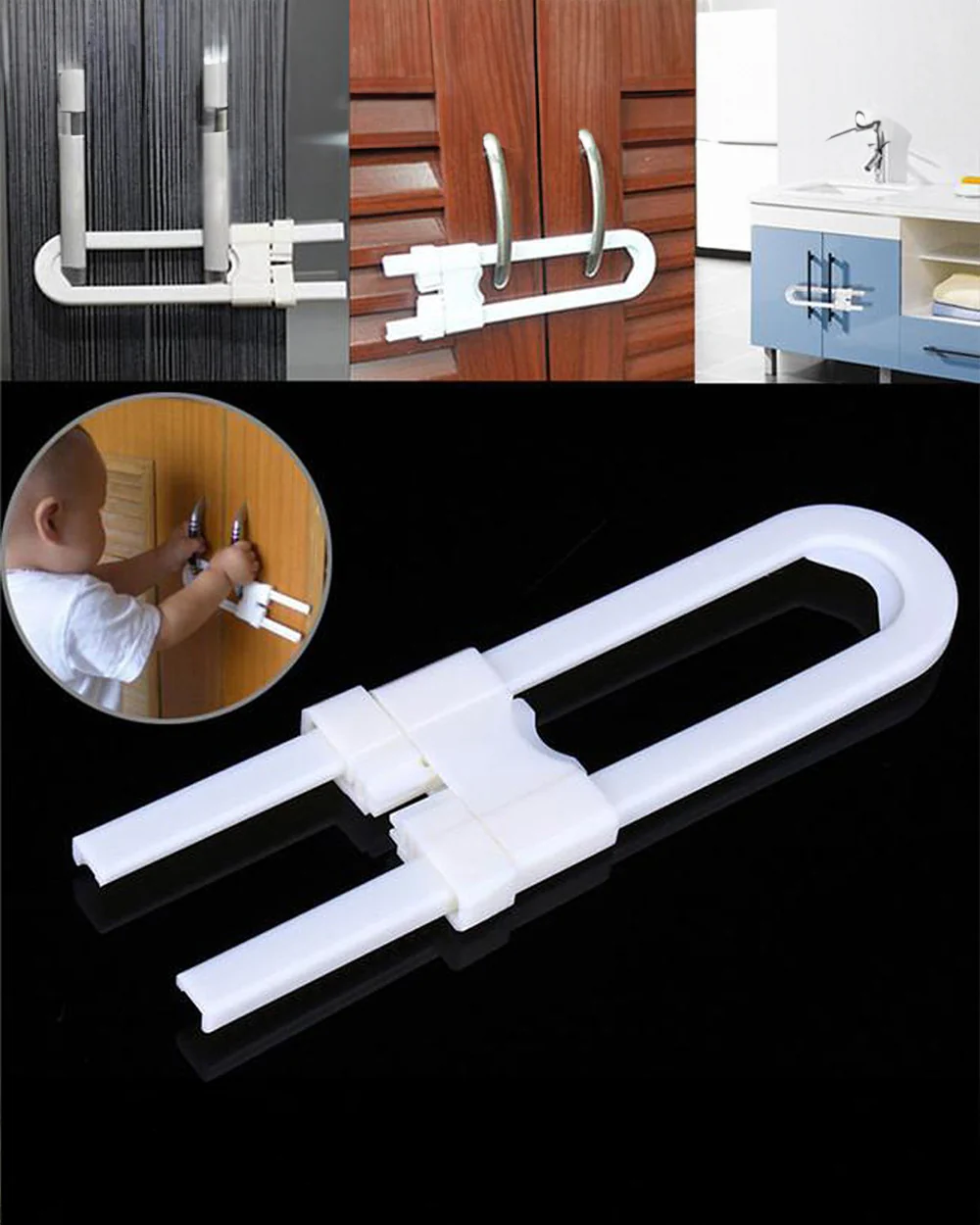 SYGA Baby Sliding Safety Lock-Childproofing Cabinet Latch-Prevents Child from Opening Knobs & Handles-U Shape-White - Image 5
