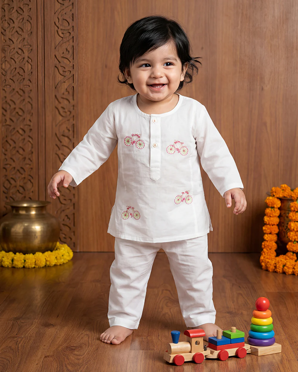 The Almirah Pink & White Kurta-Cycle-Cotton-For Infants