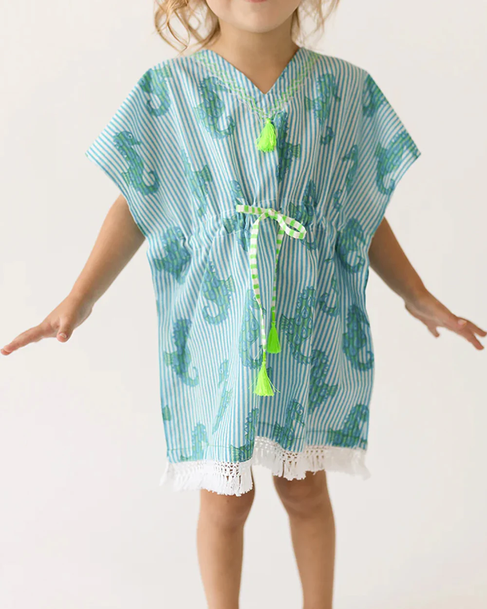 The Almirah White & Blue Seahorse Kaftan Frock Dress-Cotton-Striped-For Infants - Image 3