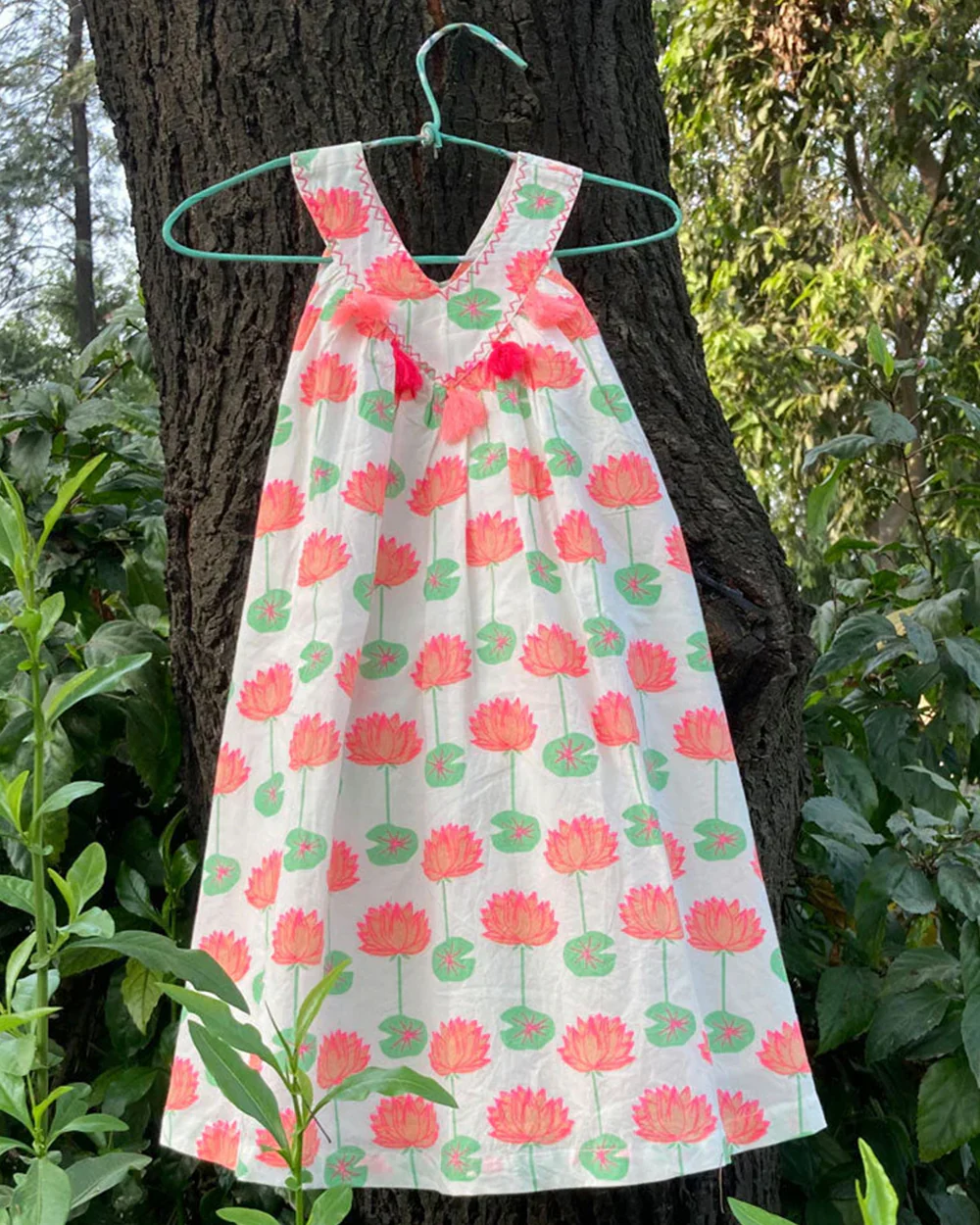 The Almirah White & Pink Frock Dress-Cotton-Lotus Printed-For Infants