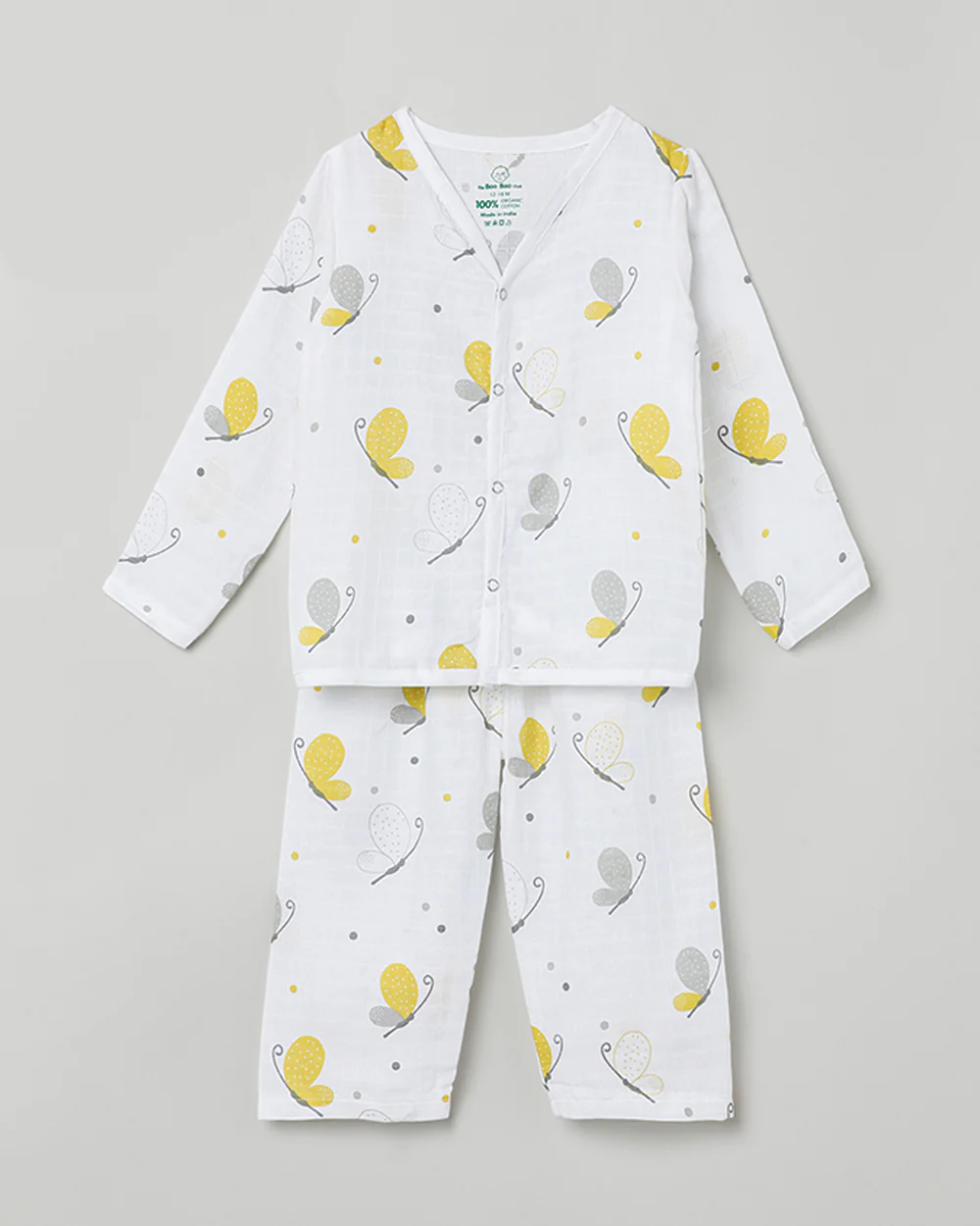 The Boo Boo Club White & Yellow Nightsuit-Butterfly-Muslin-For Infants