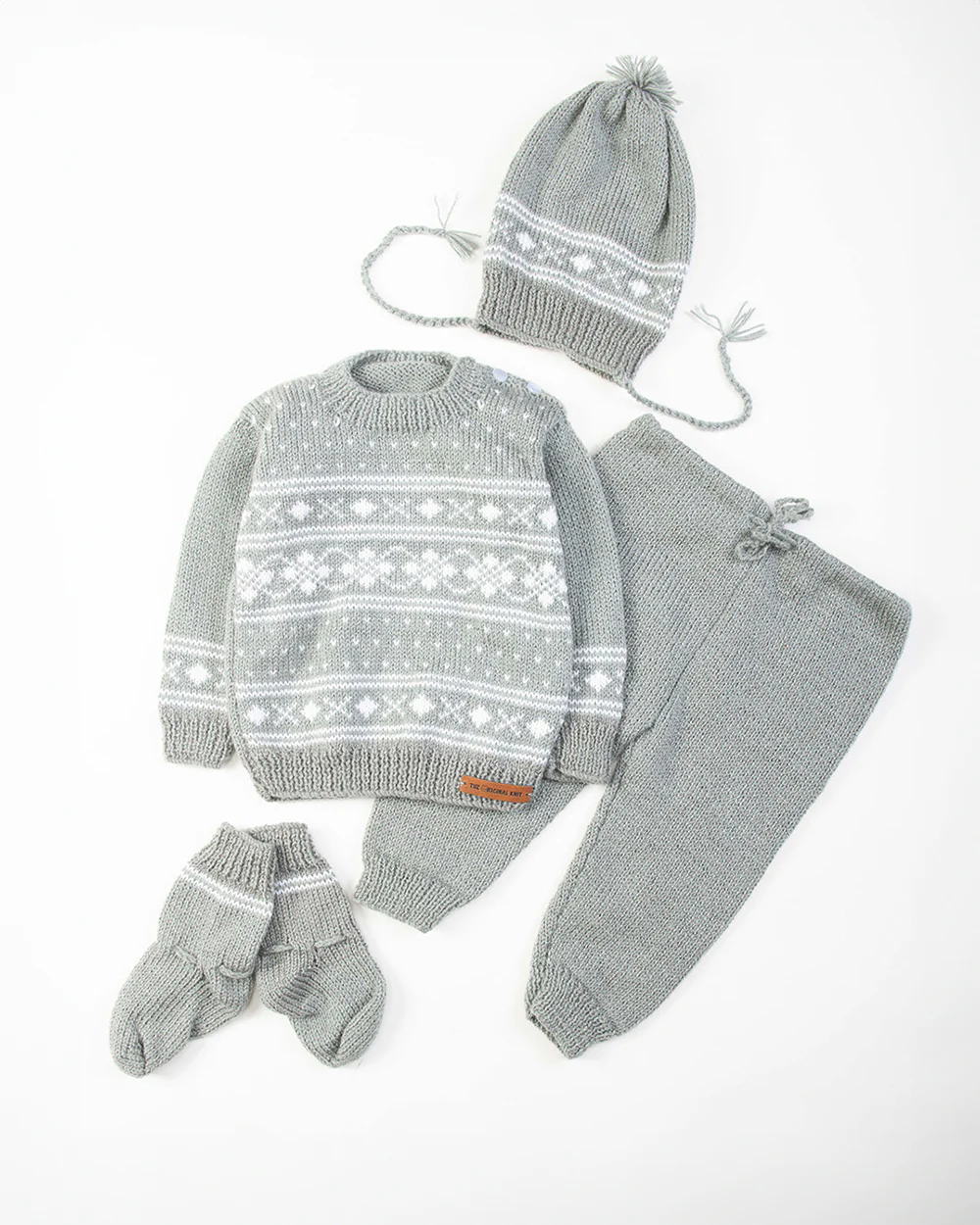 The Original Knit Grey & White Winter Wear Sweater Set-Knitted-Handmade-Yarn-For Infants