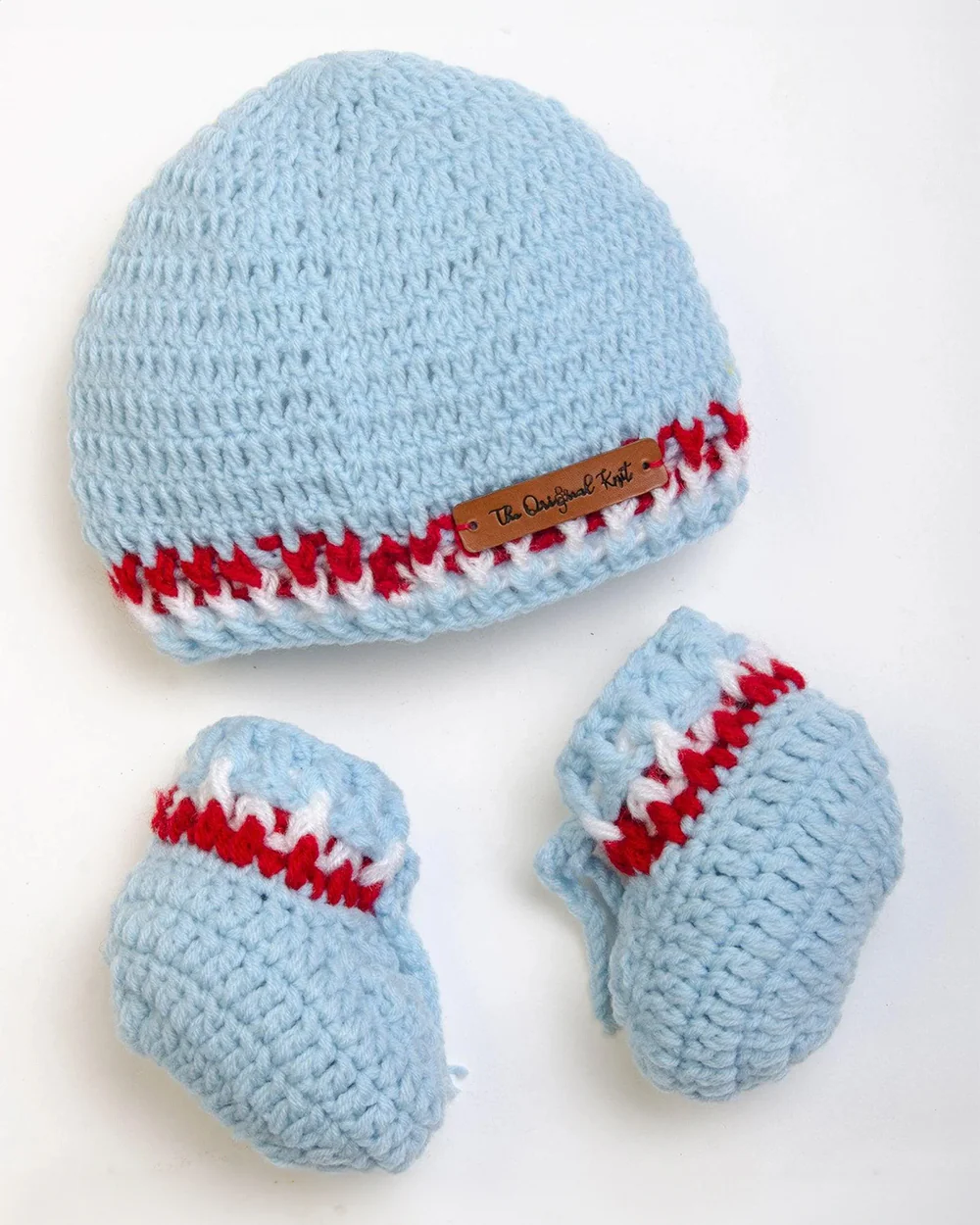 The Original Knit Light Blue Winter Wear Caps & Booties Set-Embroidered Handmade-High Quality Yarn-For Infants