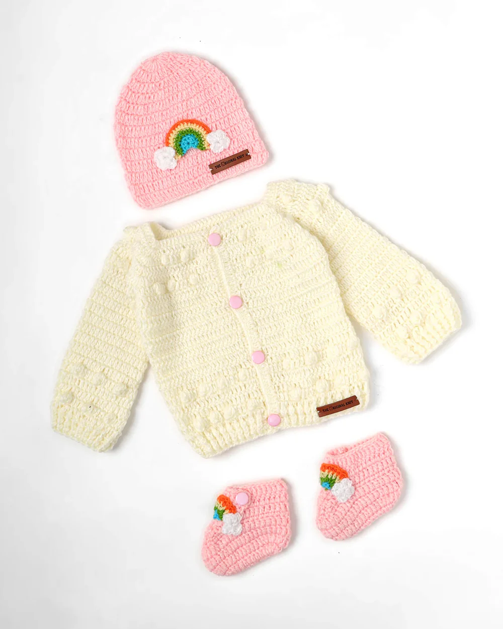The Original Knit Off White & Pink Winter Wear Dungaree Set-A Piece of Rainbow-Acrylic-For Infants - Image 4
