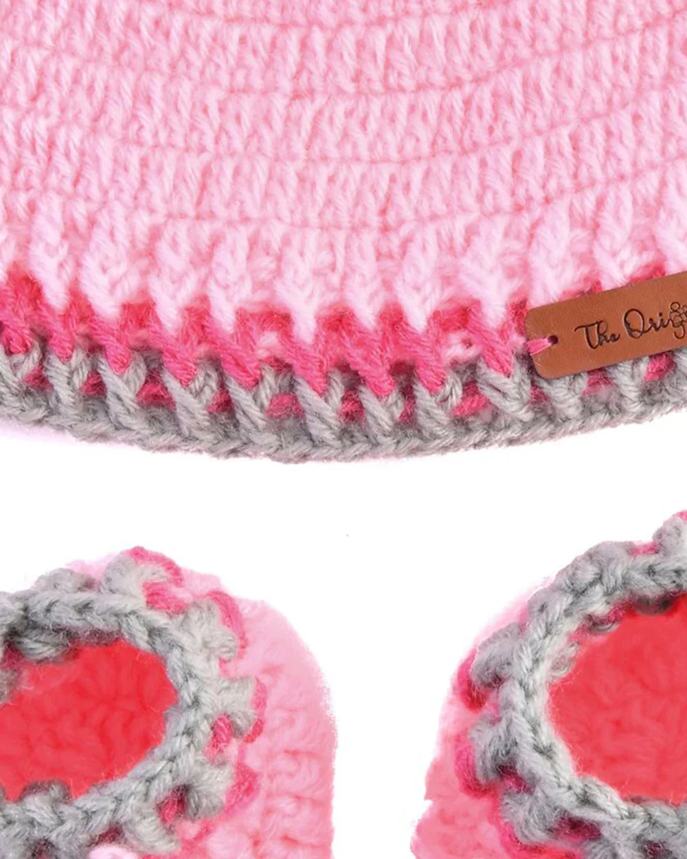 The Original Knit Pink Winter Wear Caps & Booties Set-Embroidered Handmade-High Quality Yarn-For Infants - Image 3