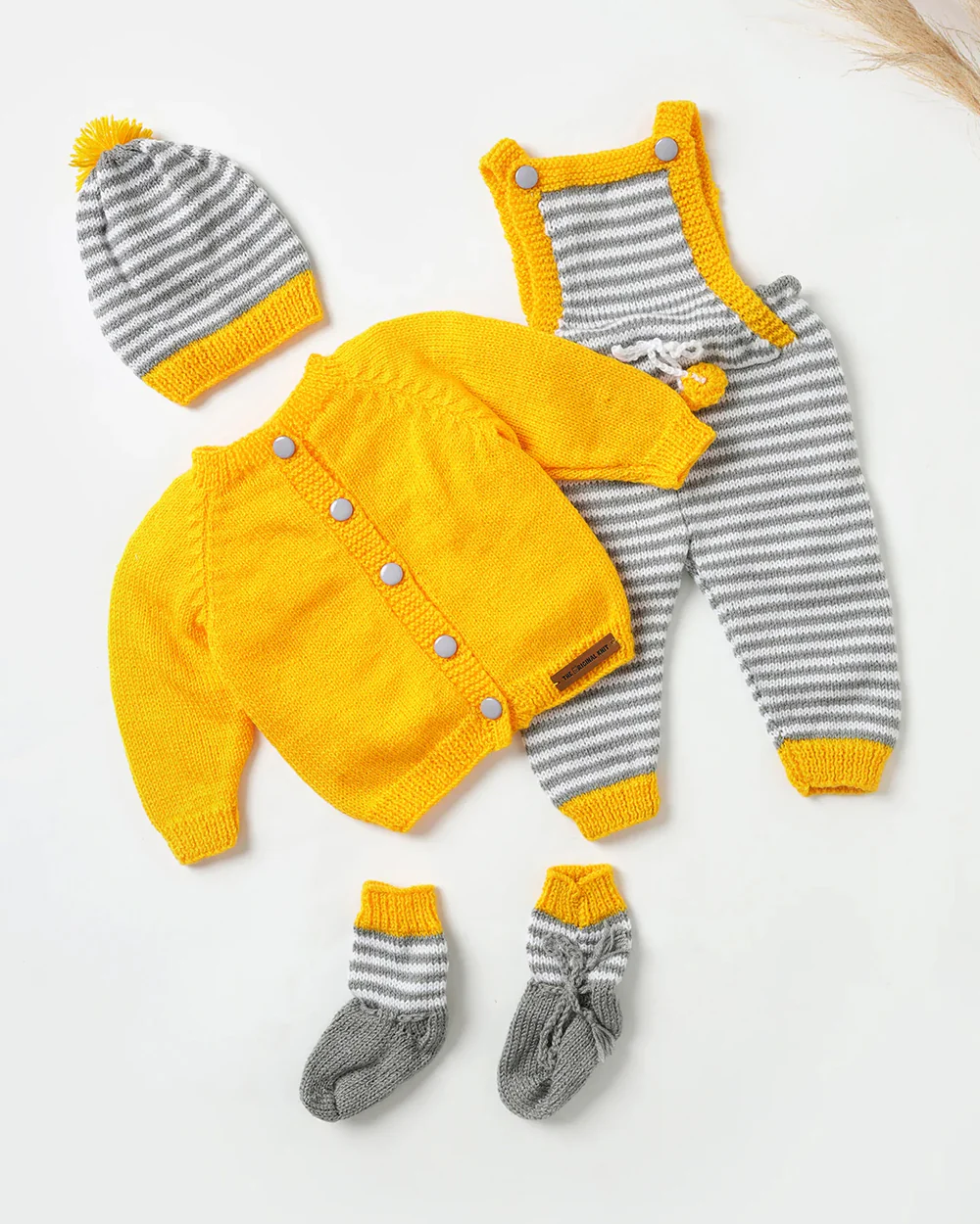 The Original Knit Yellow & Grey Winter Wear Dungaree Set-Sunny Stripes-Acrylic-For Infants - Image 2