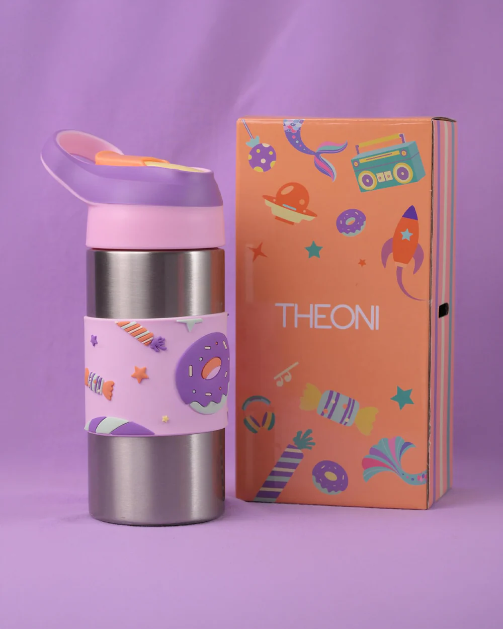 Theoni Siphappy Stainless Steel Straw Sipper-24 Hours Cold & 12 Hours Hot-Anti Skid Silicone Base-Crumbl Purple-400 ml - Image 2
