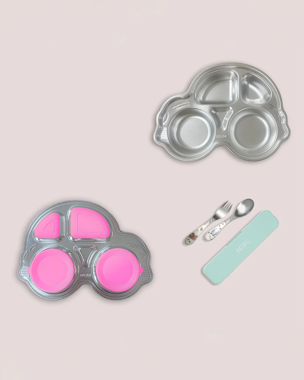 Theoni Stainless Steel Car Shape Suction Plate-BPA-Free & Dishwasher Safe-Pink-For Feeding - Image 2