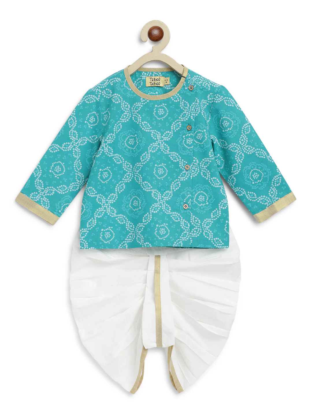 Tiber Taber Blue & White Kurta Dhoti-Rajasthani Bandhani Print-Cotton-For Infants - Image 2
