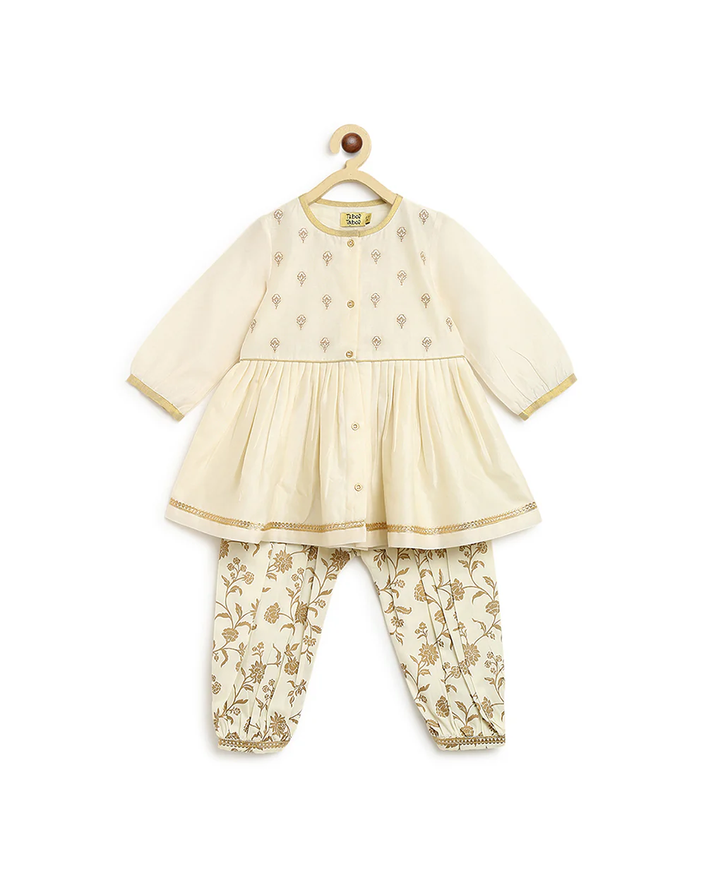 Tiber Taber Cream Angrakha Pajama Set-Embroidered-Cotton-For Infants - Image 2
