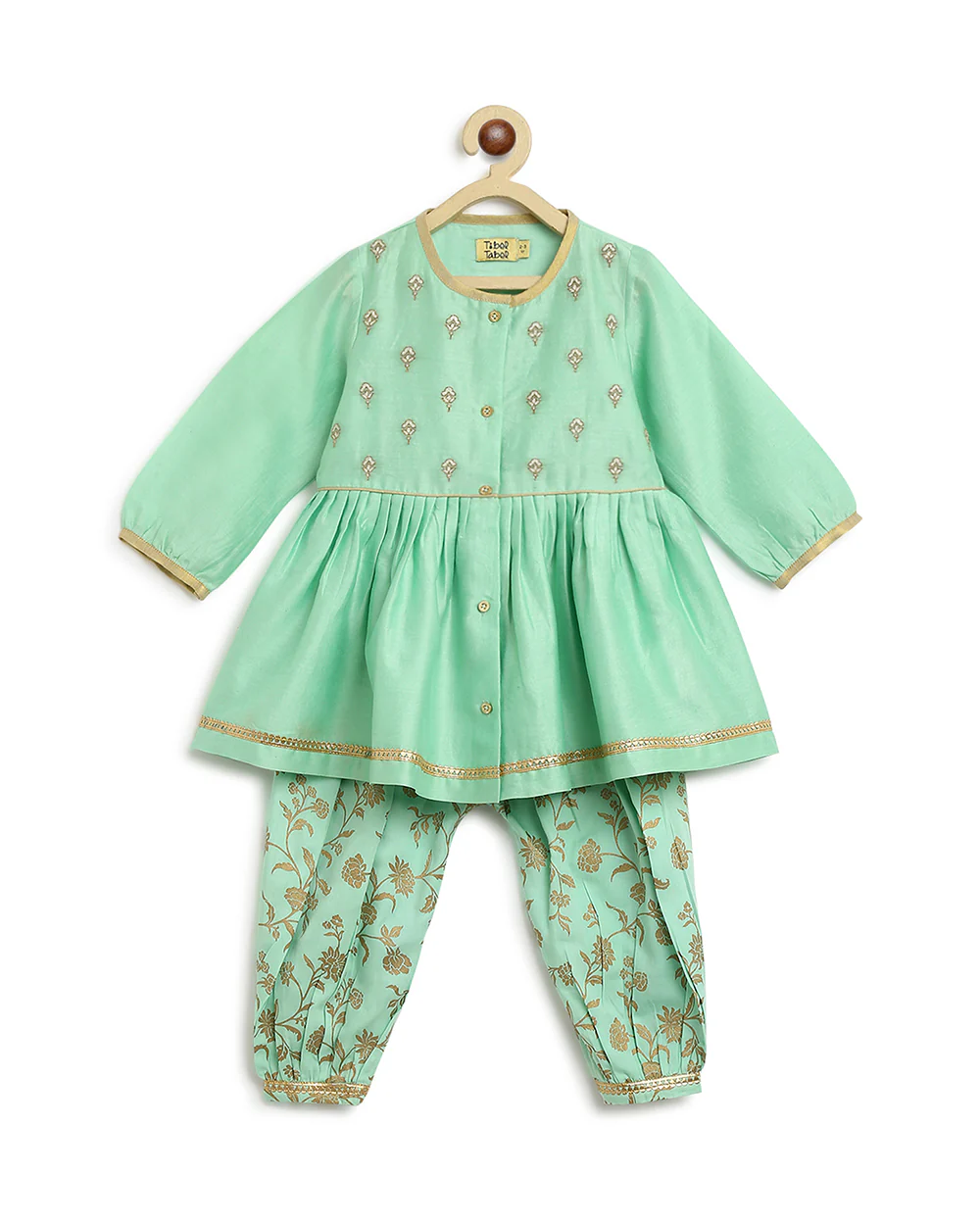 Tiber Taber Green Angrakha Pajama Set-Embroidered-Cotton-For Infants - Image 2