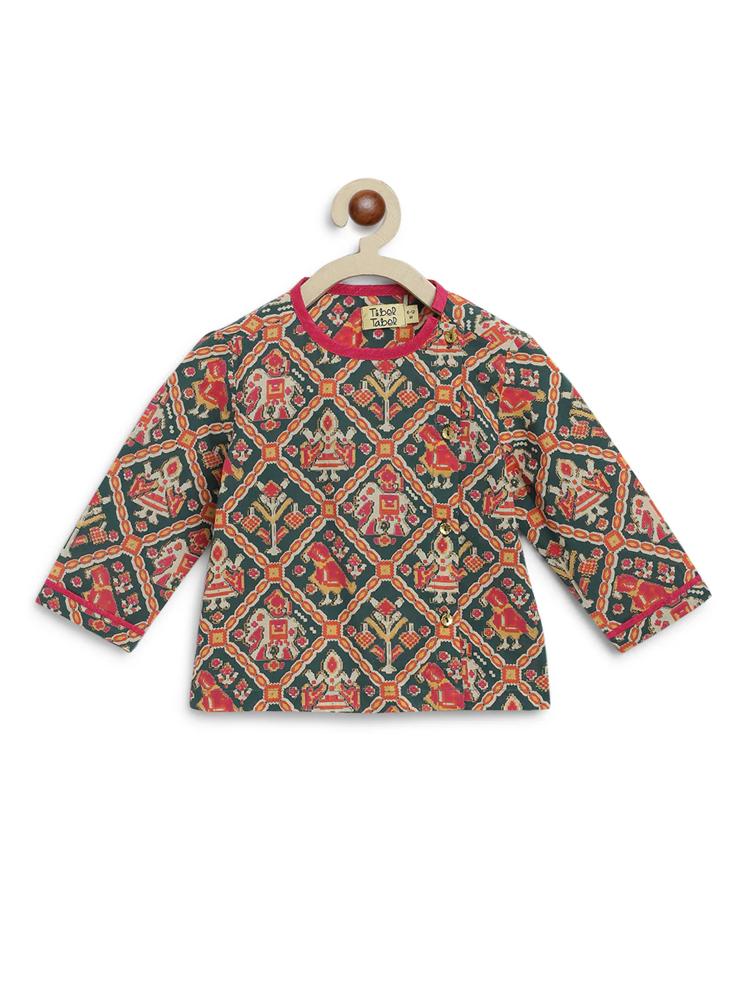 Tiber Taber Multicolor Kurta Dhoti-Gujarati Patola Print-Cotton-For Infants - Image 3