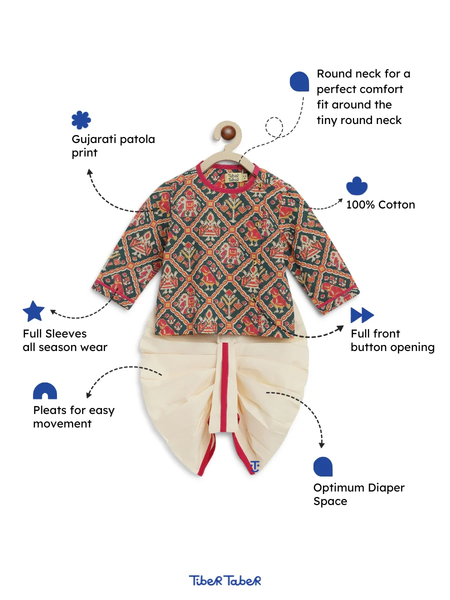 Tiber Taber Multicolor Kurta Dhoti-Gujarati Patola Print-Cotton-For Infants - Image 5
