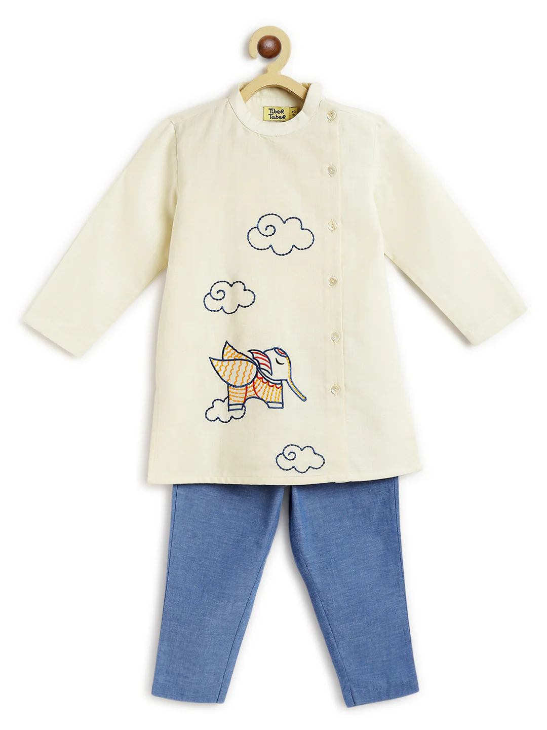 Tiber Taber Off White & Blue Kurta Pajama-Udta Haathi Embroidery-Cotton-For Infants - Image 2