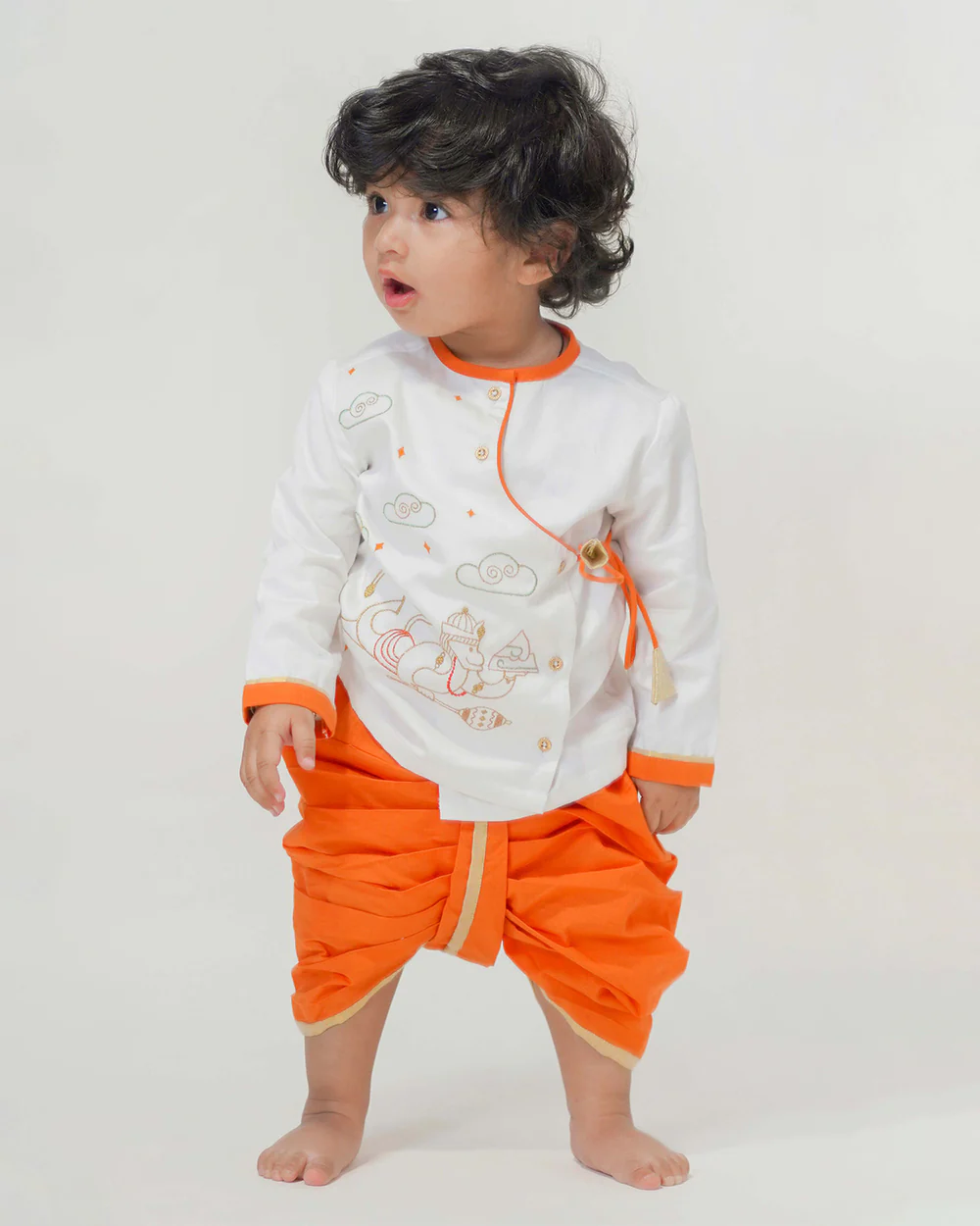 Tiber Taber Orange Kurta Dhoti Set-Hanuman Embroidered-Cotton-For Infants