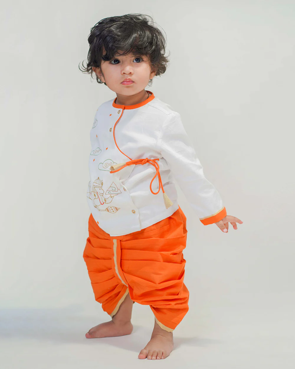 Tiber Taber Orange Kurta Dhoti Set-Hanuman Embroidered-Cotton-For Infants - Image 4