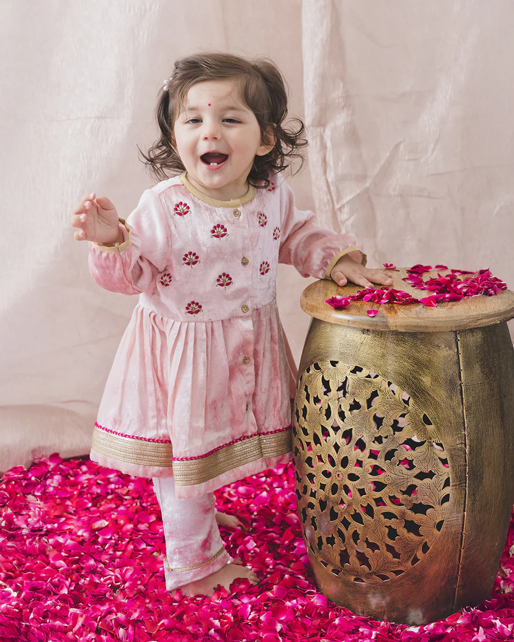 Tiber Taber Peach Angrakha Set-Royal Rose-Velvet-For Infants - Image 4