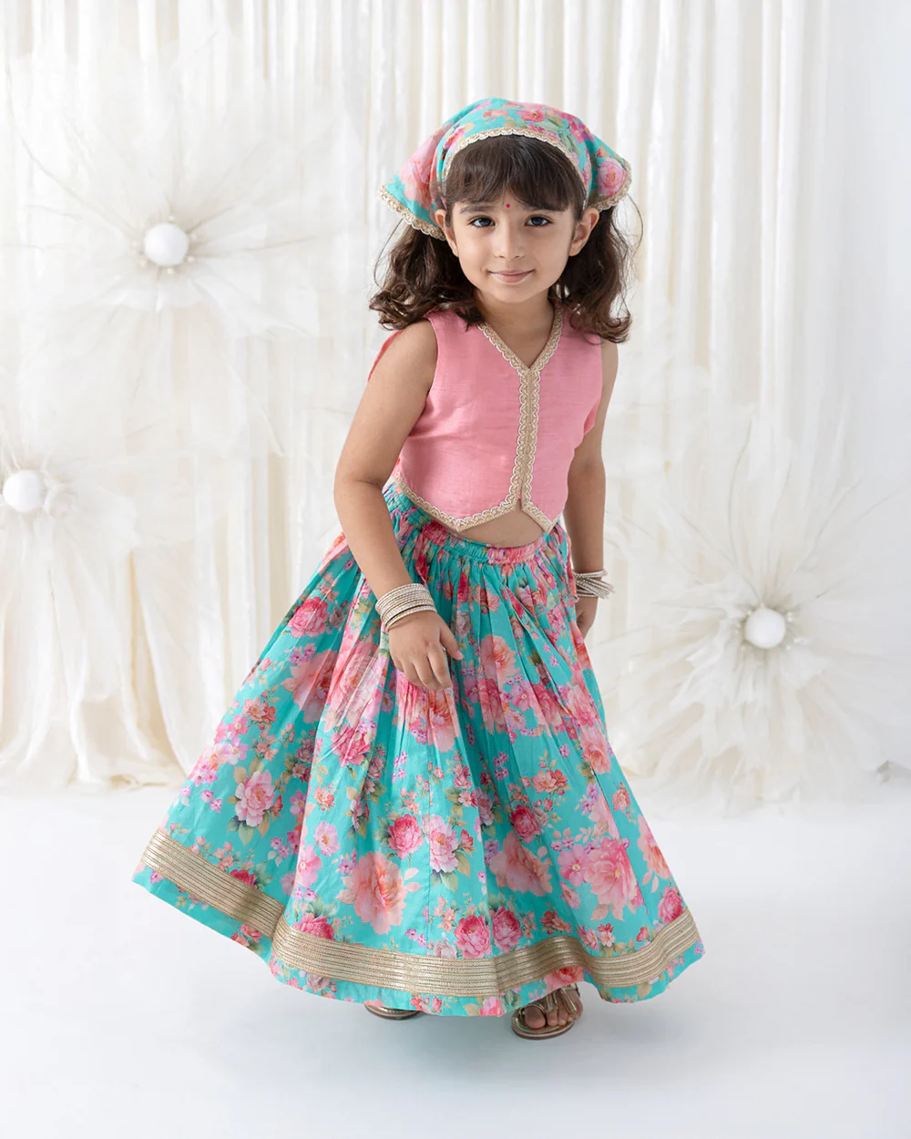 Tiber Taber Pink & Blue Lehenga Set-Gulaabo-Cotton & Viscose-For Infants - Image 4